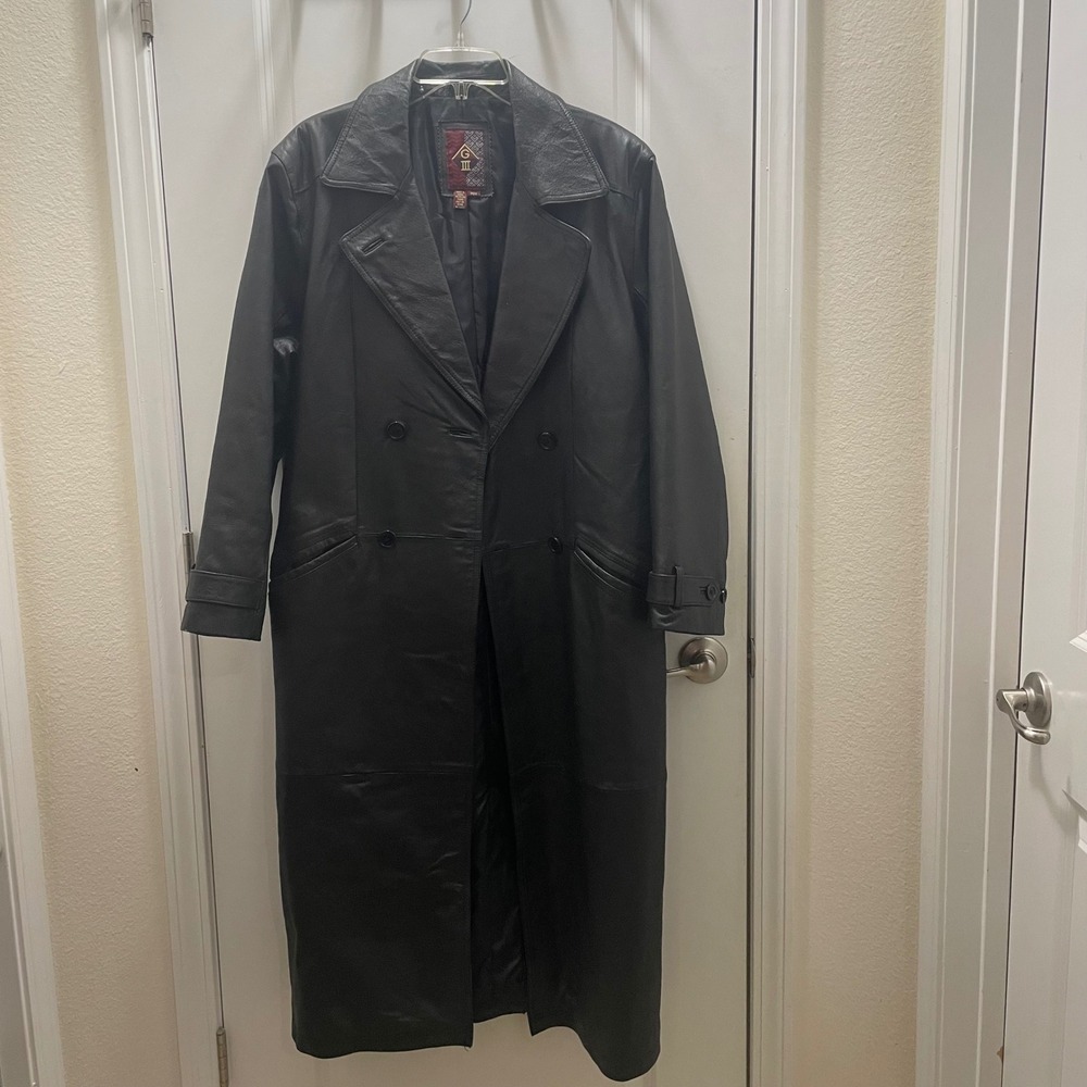 GIII Leather Black Double Breasted Maxi Trench Coat women's size Medium